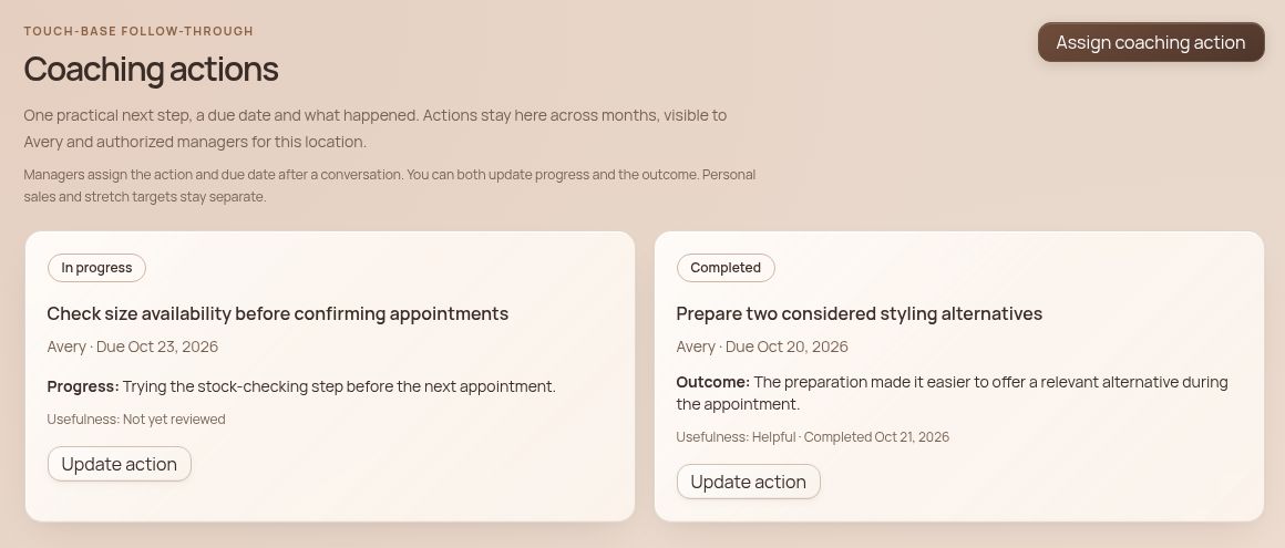 Close-up of the completed Prepare two considered styling alternatives coaching action with its recorded outcome and helpful usefulness